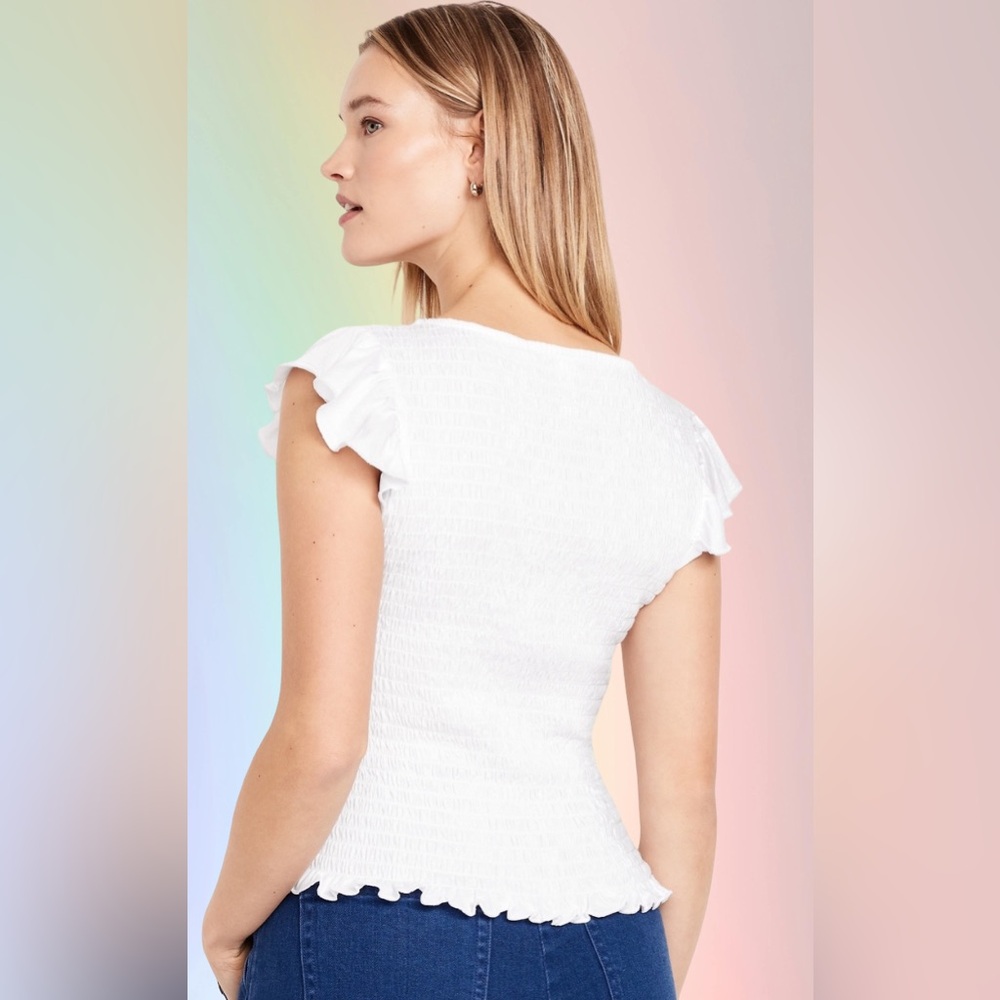 NWTS💓GAP OLD NAVY XL💓CRISP WHITE COTTON SEERSUCKER SMOCKED FLUTTER SLEEVED TOP - Picture 9 of 12